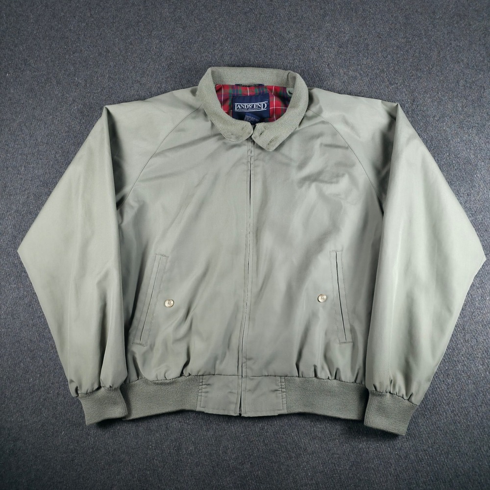 Lands End Mens Harrington Jacket Large Sage Green Plaid Lined Bomber Coat VTG